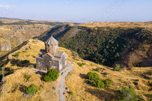 View of Vahramashen Church (c. 1026) in Amberd fortress on Mount Aragats slope on sunny summer evening. Aragatsotn Province, Armenia.