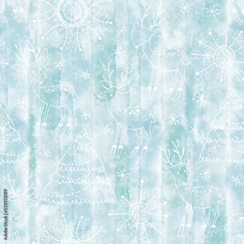 Christmas seamless pattern with deers, christmas tree, snowflakes on blue watercolor background. Vector. Scandinavian winter theme. Perfect for design templates, wallpaper, wrapping, fabric.