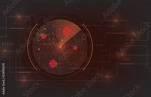 Red tone of polar radar with traget icon and Abstract background Technology circuit. Cyber attack, Hacking Concept. Vector illustration.  photo