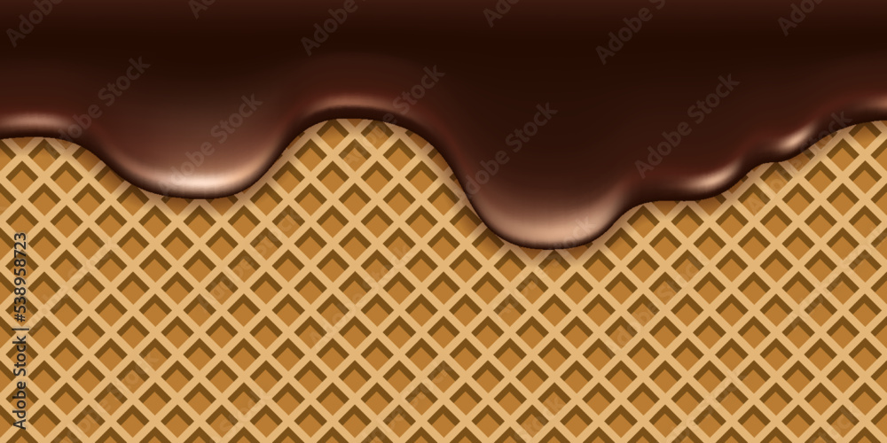 Melted chocolate drip on waffle texture. Dark brown liquid flowing ...