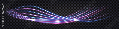 Neon glowing swirl wave lines. Purple and blue twisted swoosh. Fiber optic, cyber technology, electric impulse, data flow. Isolated transparent design, dark background, vector illustration