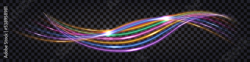 Fiber optic cables; fibre network technology. Colorful neon glowing light effect, impulse lines, yellow, blue,green and purple wave swirl. Flash thunder bolt. Vector illustration
