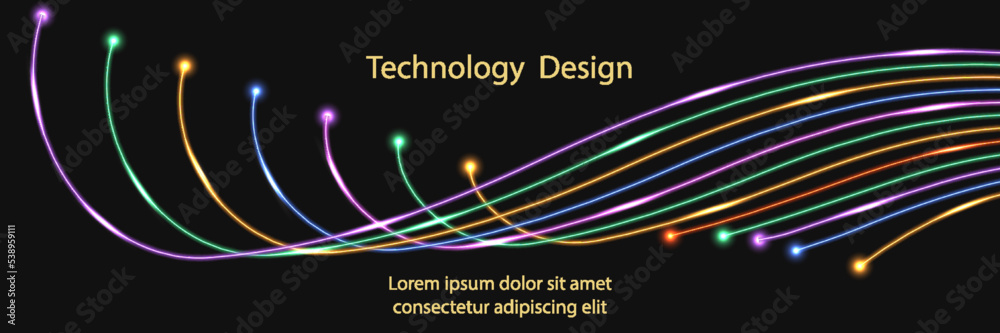 Fiber optic; swirl cable lines; Technology banner design. Electric impulse, glowing light effect, twisted colorful fibre wire lines. Cyber digital futuristic background. Vector illustration Fiber optic; swirl cable lines; Technology banner design. Electric impulse, glowing light effect, twisted colorful fibre wire lines. Cyber digital futuristic background. Vector illustration