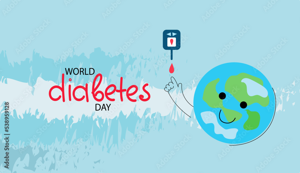Social media poster, flyer template for World Diabetes day. Funny planet character with blood drop, digital glucometer. Vector flat cartoon doodle banner. 