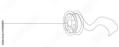 One continuous line drawing of film reel with long tape. Retro old movie and cinema roll in simple linear style. Vintage video filmstrip in editable stroke. Doodle vector illustration