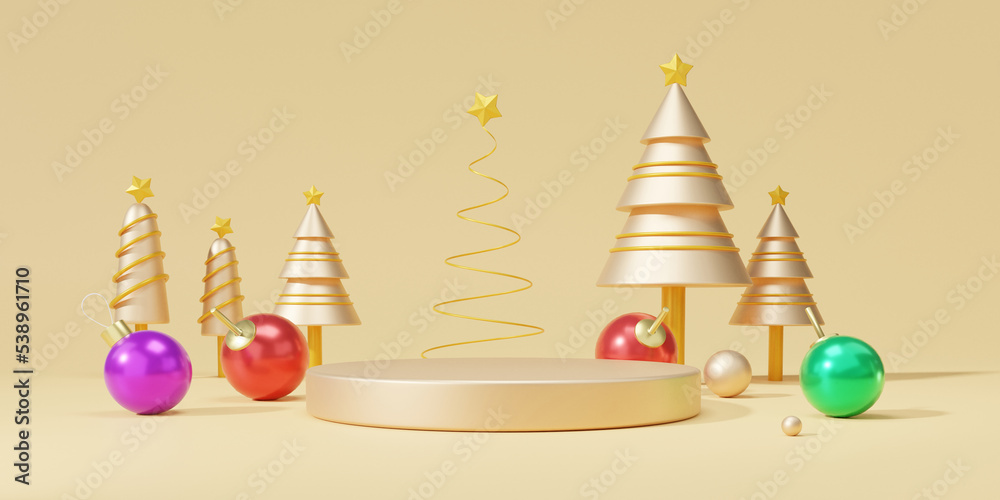 Marry christmas and new year Abstract empty podium on gold background with platform pedestal for product minimal presentation. cosmetics, stand, banner, showcase, 3d render illustration.