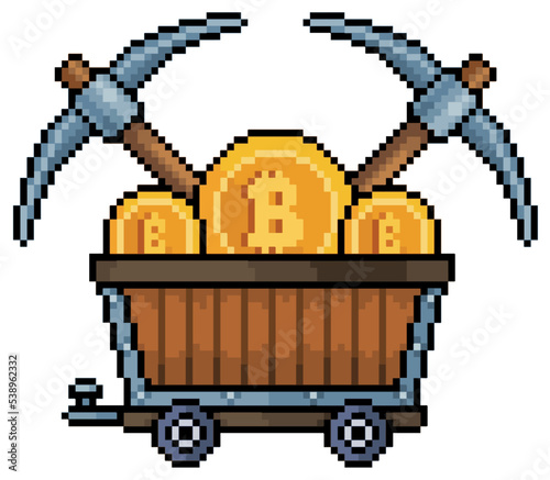 Pixel art cart with bitcoin and pickaxes vector icon for 8bit game on white background
