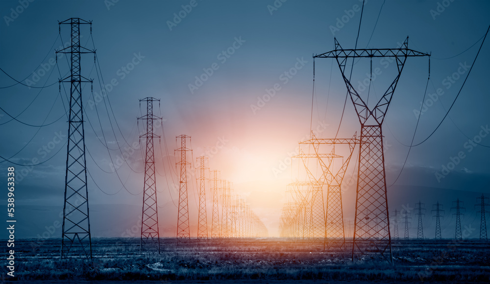 High voltage power lines with amazing sunset