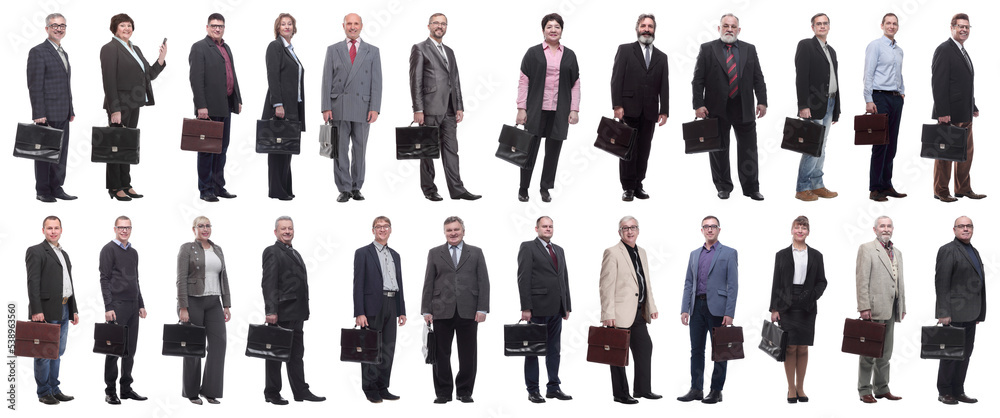 collage, group of businessmen with briefcase isolated