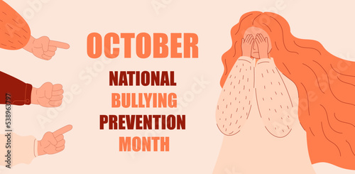 National Bullying Prevention month in October in USA. Victim scene in society. Stressed person in shame and hands with pointing finger.