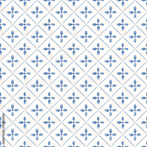 Beautiful vector seamless pattern with watercolor hand drawn blue dutch style tiles . Stock illustration.