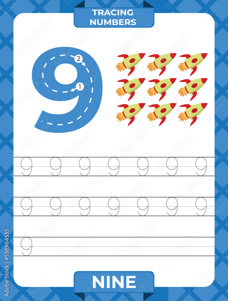 Number 9 trace, Worksheet for learning numbers, kids learning material ...