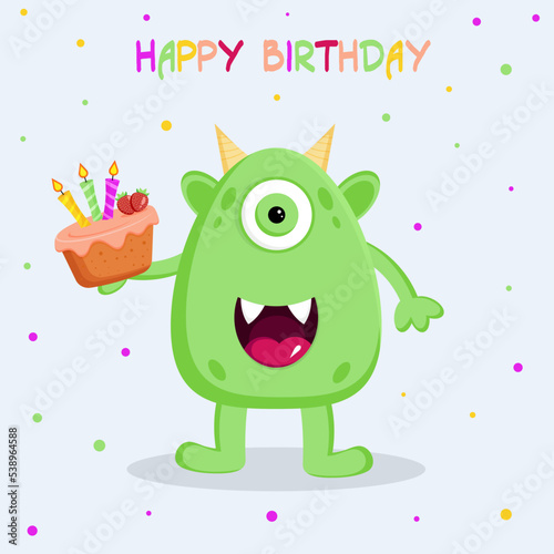 Birthday card with cute monster holding a cake with candles.