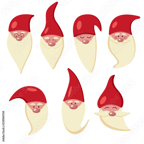 Collection of fairy-tale gnomes faces on  white background. Seven gnomes cartoon characters. Vector flat illustration of a set of gnomes. EPS10