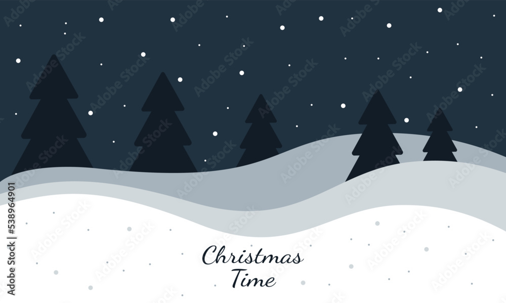 Vector flat illustration of Christmas time. Minimalistic winter background with forest and snowdrifts.EPS10