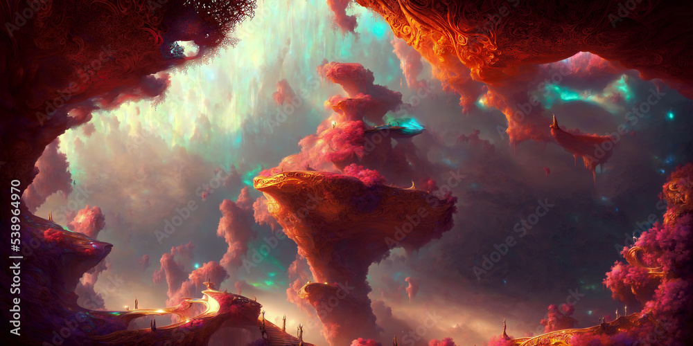 Lush, Colorful Alien Landscape on an Opalescent Planet with Floating Fantasy Mountains. Beautiful Dreamlike 4k Wallpaper Background Rendering.