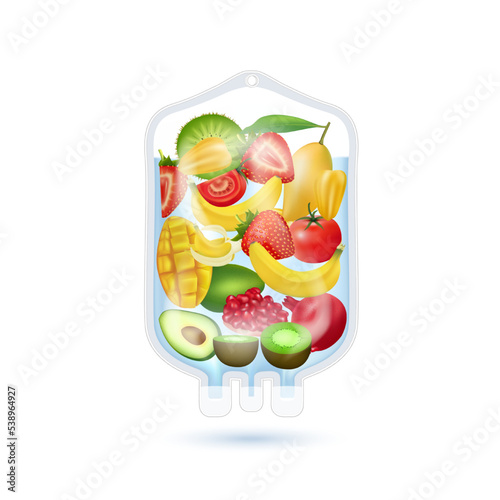 Different fruit inside saline bag rich in vitamins. IV drip natural products containing dietary fiber and minerals healthy. Realistic 3D vector EPS10.