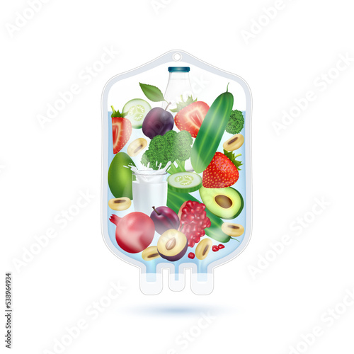 Different fruit vegetable and milk inside saline bag rich in vitamins. IV drip natural products containing dietary fiber and minerals healthy. Realistic 3D vector EPS10.