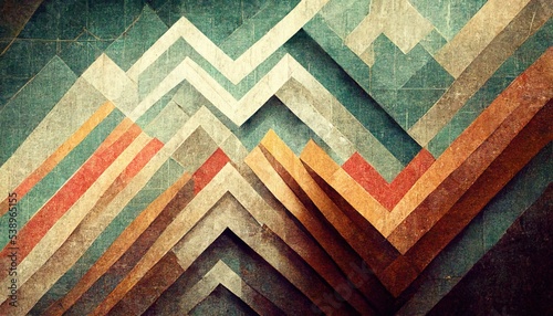 Retro poster background. Aged colours, mountains, geometrical forms. Image generated by AI. photo