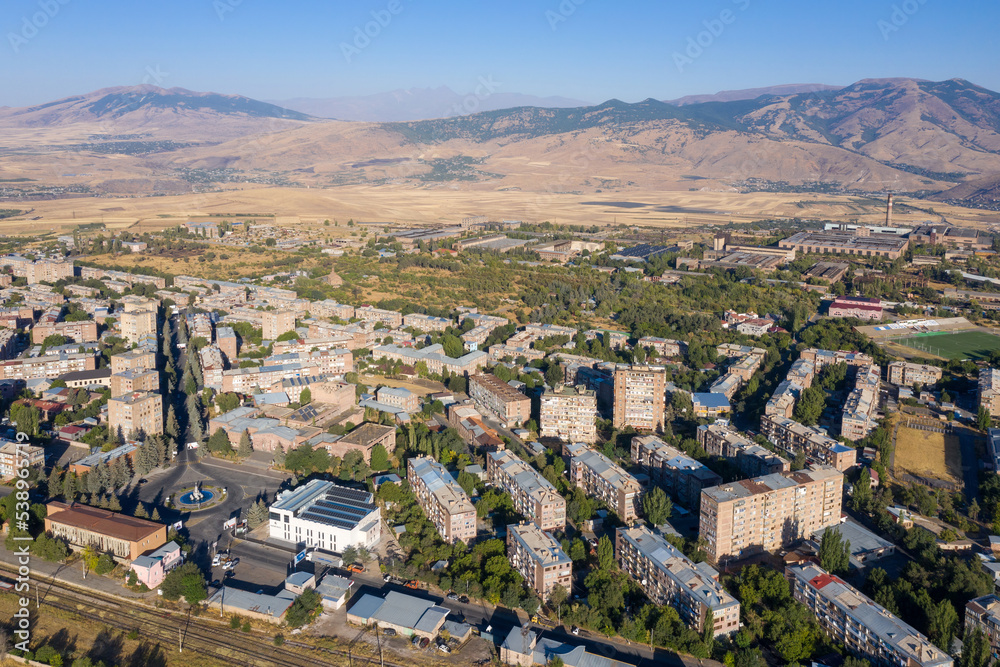 Aerial view of Charentsavan on sunny day. Kotayk Province, Armenia.