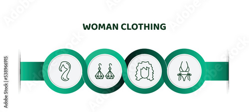editable thin line icons with infographic template. infographic for woman clothing concept. included female long black hair, dangling earrings, human black hair, string bikini icons.