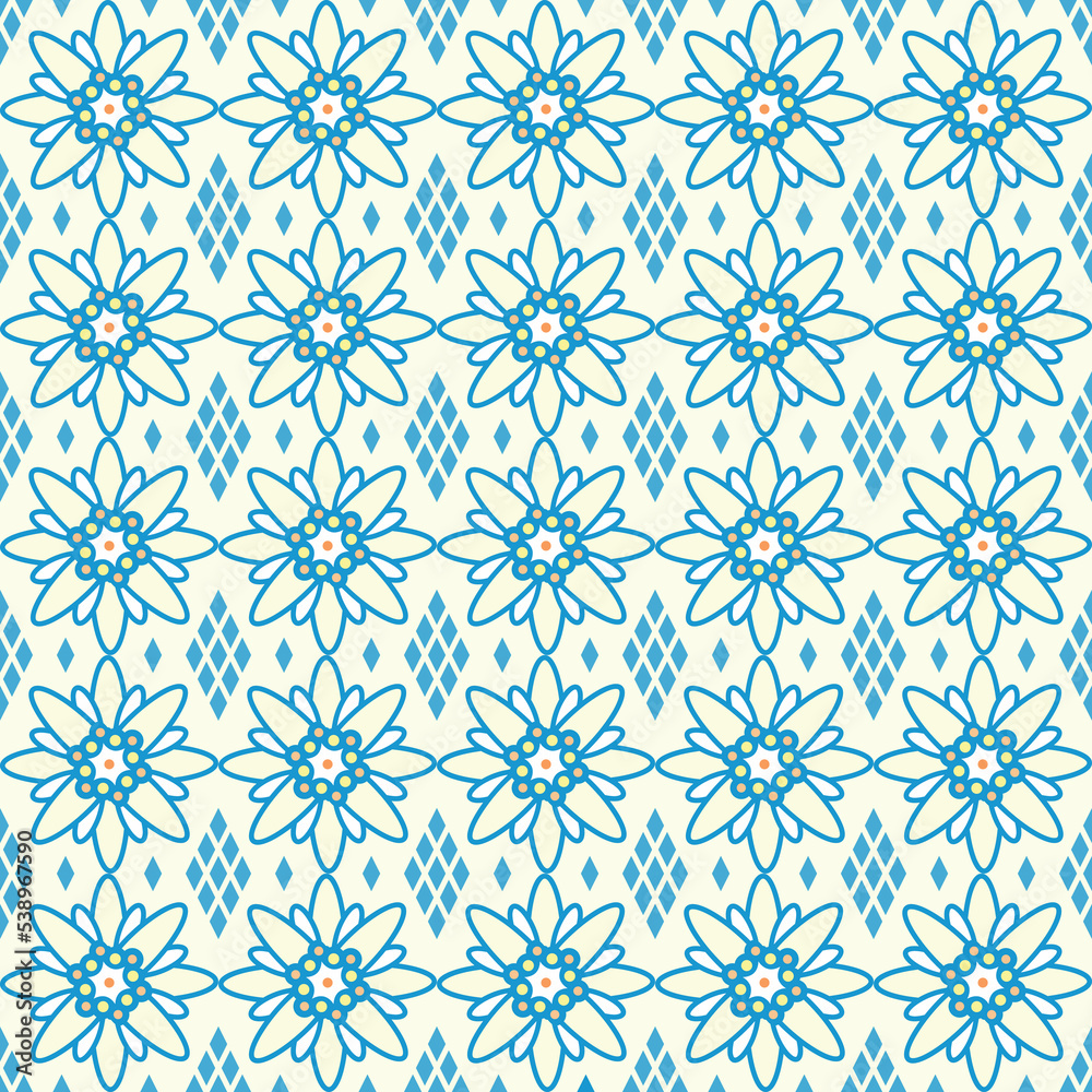 vector edelweiss flowers with bavarian blue diamonds seamless, repeat pattern background. Perfect for Oktoberfest themed gift wrapping, scrapbook, Banner, flyer, poster, invitation, postcard projects