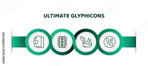 editable thin line icons with infographic template. infographic for ultimate glyphicons concept. included exclamation file, big traffic light, medicine mortar, phone with right arrow icons.