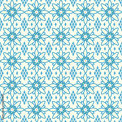 vector edelweiss flowers with bavarian blue diamonds seamless, repeat pattern background. Perfect for Oktoberfest themed gift wrapping, scrapbook, Banner, flyer, poster, invitation, postcard projects