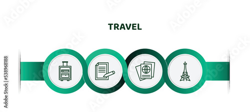 editable thin line icons with infographic template. infographic for travel concept. included suitcases, claim, passport, paris icons.