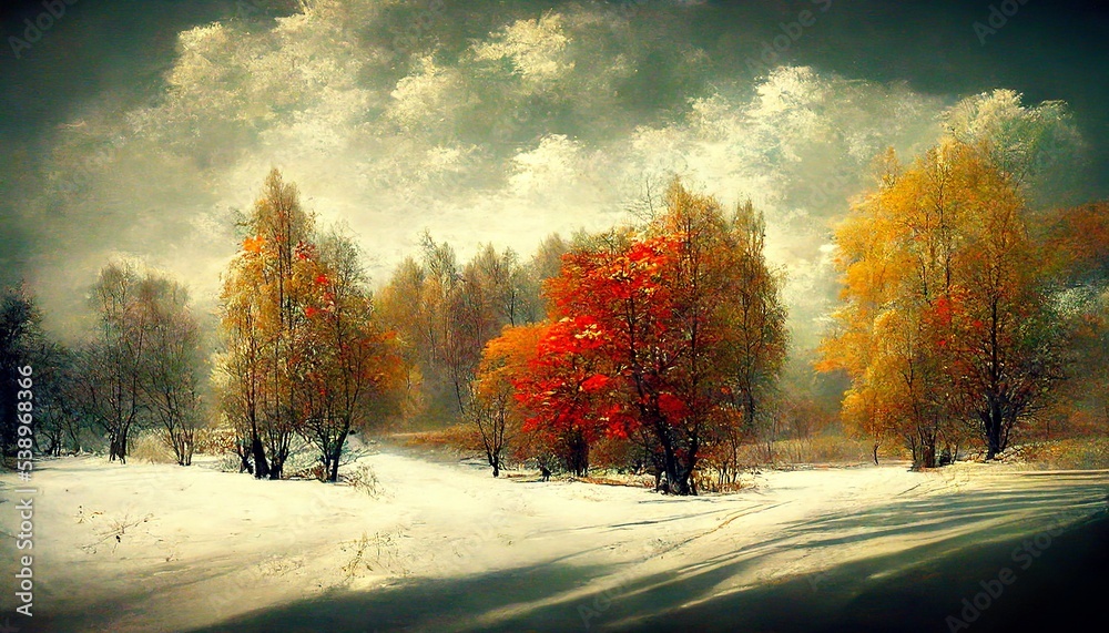 autumn in the forest with winter weather