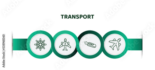 editable thin line icons with infographic template. infographic for transport concept. included ship wheel, airplane pointing up, bobsleigh, air transport icons.
