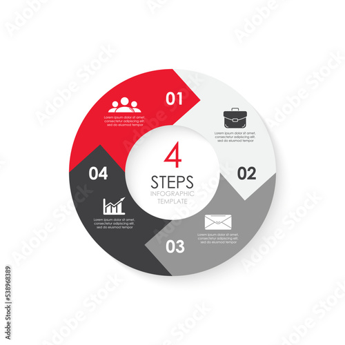Vector circle infographic template with arrow for round diagram, graph, web design. Business concept with 4 steps, options or processes. Isolated on white background.