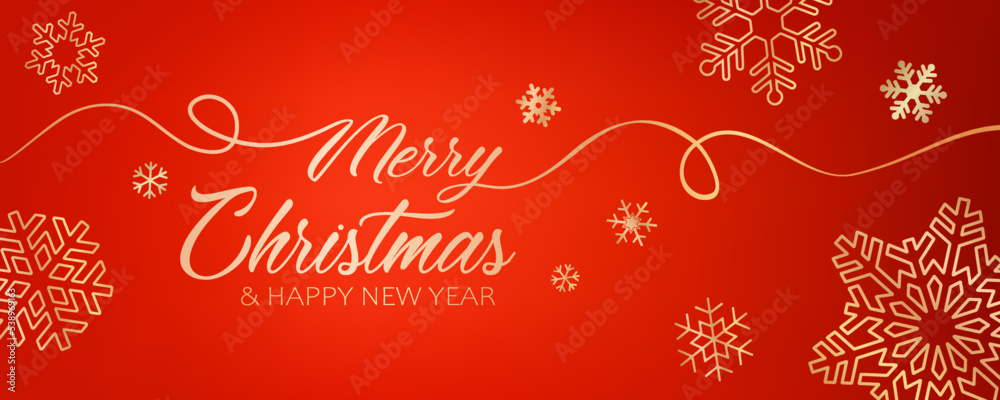 Holiday banner with snowflakes, text Merry Christmas and Happy New Year on the red background. Luxury illustration for social media promotion, store poster or banner, background or advertising design.