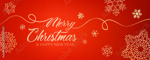 Holiday banner with snowflakes  text Merry Christmas and Happy New Year on the red background. Luxury illustration for social media promotion  store poster or banner  background or advertising design.