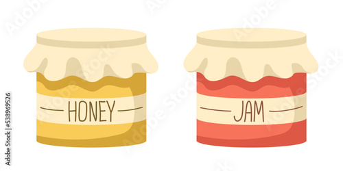 Jar with honey and jam. Raspberry or strawberry jam, honey. A pot of honey and jam. Vector clipart isolated on white background.