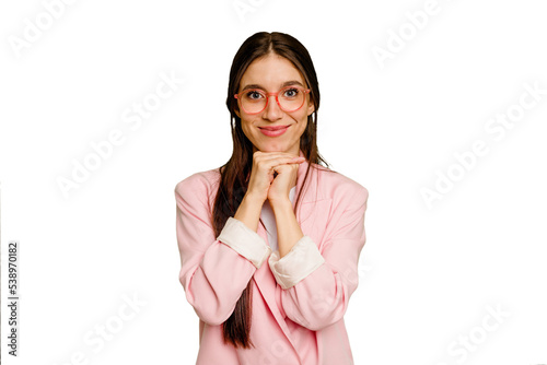 Fotografie Young caucasian long hair woman isolated keeps hands under chin, is looking happily aside