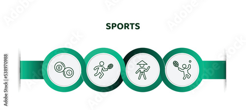editable thin line icons with infographic template. infographic for sports concept. included ball pool, man playing badminton, sesei, man playing tennis icons.