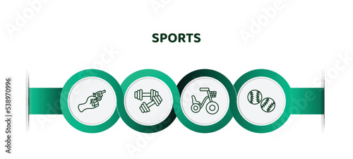 editable thin line icons with infographic template. infographic for sports concept. included starting gun, dumbbell for training, bicycle for children, baseball ball icons.
