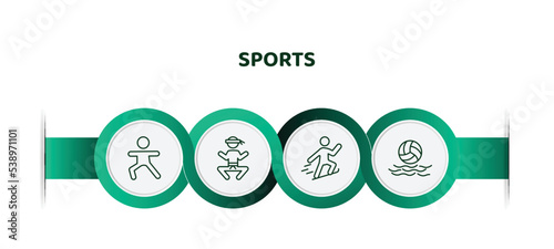 editable thin line icons with infographic template. infographic for sports concept. included excersice, wushu, jumping ski, waterpolo icons.