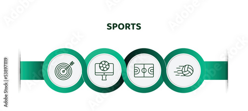 editable thin line icons with infographic template. infographic for sports concept. included bullseye, football channel, basketball court, volleyball ball icons.