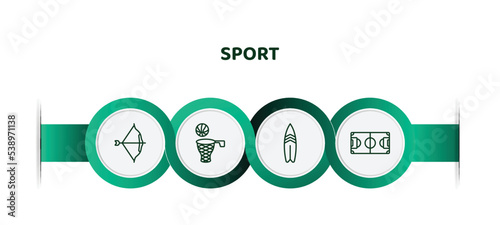 editable thin line icons with infographic template. infographic for sport concept. included archery, basketball, surf, soccer field icons.