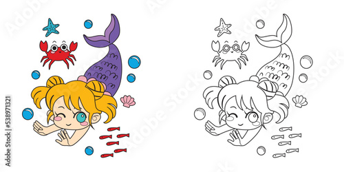 kawaii cute cartoon mermaid princess character coloring 