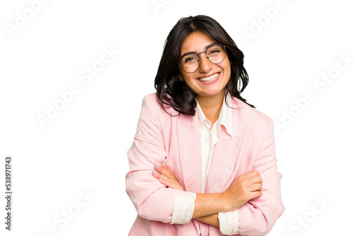 Young Indian business woman wearing a pink suit isolated laughing and having fun.