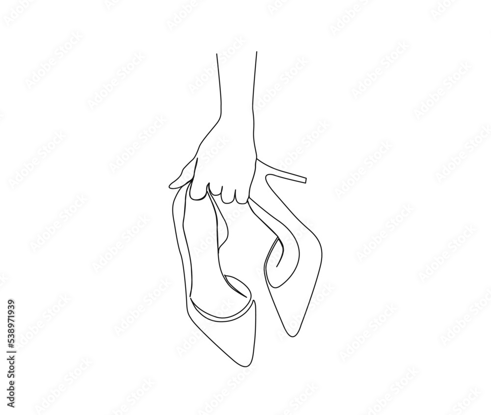 Continuous one line drawing of hand holding elegant highheels shoes. Women stiletto heels line art drawing vector design.