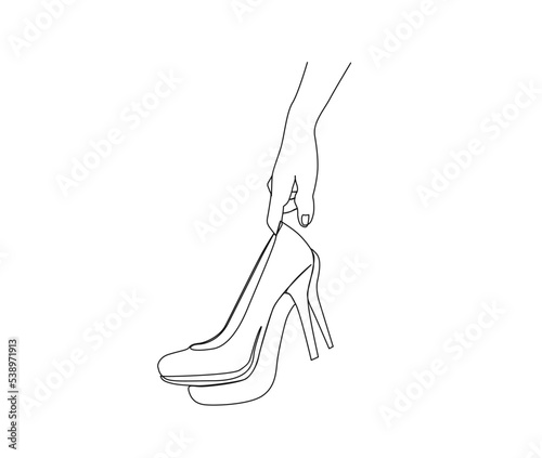 Continuous one line drawing of hand holding female highheels shoes. Elegant women stiletto heels line art drawing vector design.