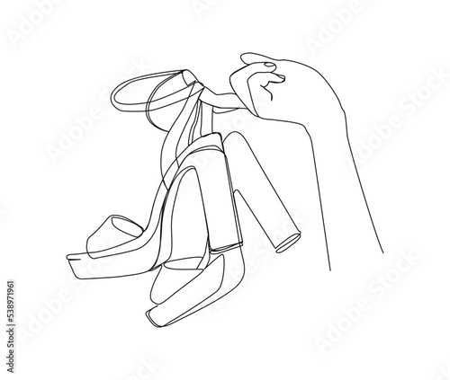 Continuous one line drawing of hand holding elegant highheels shoes. Women stiletto heels line art drawing vector design.