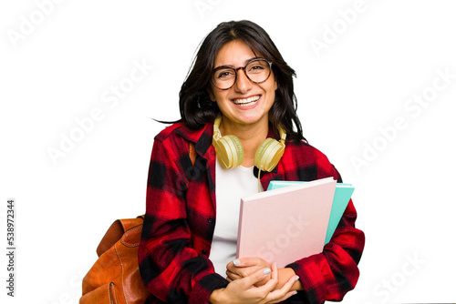 Young student Indian woman wearing headphones isolated laughing and having fun.