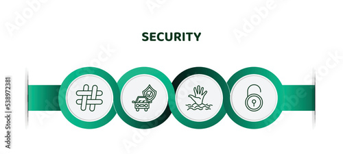 editable thin line icons with infographic template. infographic for security concept. included hash, safety car, drowning, padlock close icons.