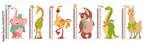 Cartoon kids growth rulers. Cute animals with wall measuring meter scales. Elephant and giraffe. Babies height centimeter measurement. Bear and ostrich. Splendid vector stadiometers set photo