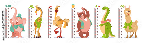 Cartoon kids growth rulers. Cute animals with wall measuring meter scales. Elephant and giraffe. Babies height centimeter measurement. Bear and ostrich. Splendid vector stadiometers set